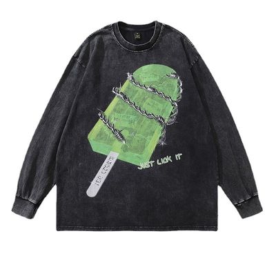250Grams Washed Long-Sleeved Men's Sweater Retro Hip Hop Round Neck Sweater Fabric