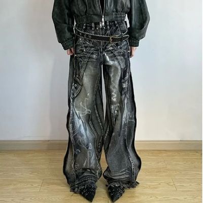Polyester/Cotton Washed Y2K Oversize Wave Design Tie Dye Cargo Pants for Men and Women