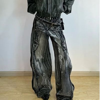 Polyester/Cotton Washed Y2K Oversize Wave Design Tie Dye Cargo Pants for Men and Women