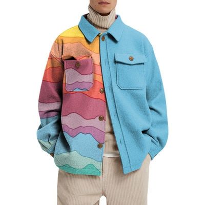 Men's Casual Long Sleeve Coat with Colorful Geometric Pattern and Woven Weaving Method