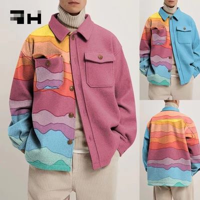 Men's Casual Long Sleeve Coat with Colorful Geometric Pattern and Woven Weaving Method