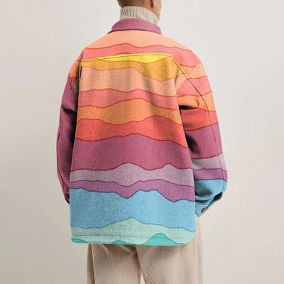 Men's Casual Long Sleeve Coat with Colorful Geometric Pattern and Woven Weaving Method