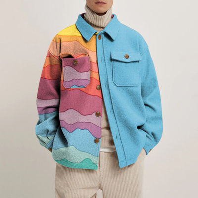 Men's Casual Long Sleeve Coat with Colorful Geometric Pattern and Woven Weaving Method