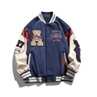 Vintage Spliced Creative Letter Embroidery Stand Collar Baseball Suit for Men's Jackets