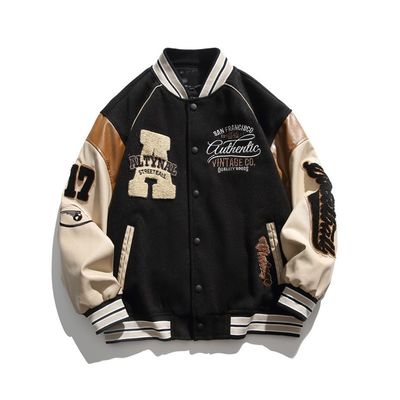 Vintage Spliced Creative Letter Embroidery Stand Collar Baseball Suit for Men's Jackets