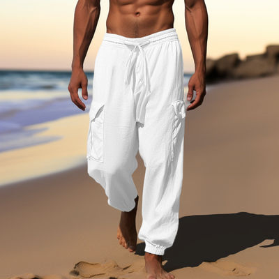 Drawstring No Fly Men's Trousers in Printed Design and Loose Cotton And Linen Material
