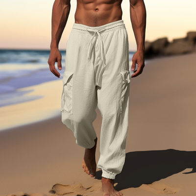 Drawstring No Fly Men's Trousers in Printed Design and Loose Cotton And Linen Material
