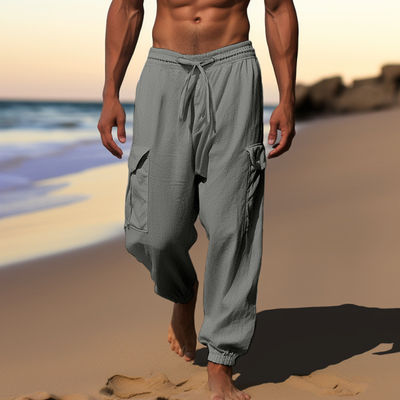 Drawstring No Fly Men's Trousers in Printed Design and Loose Cotton And Linen Material