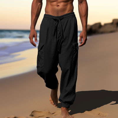Drawstring No Fly Men's Trousers in Printed Design and Loose Cotton And Linen Material