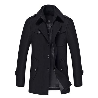 Double-layer Collar Men's Woolen Coat with Woven Woolen Fabric and Vintage Decoration