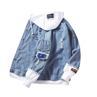 Men's Denim Two-Piece Street Varsity Windbreaker Outfits with Chenille Letter Patches
