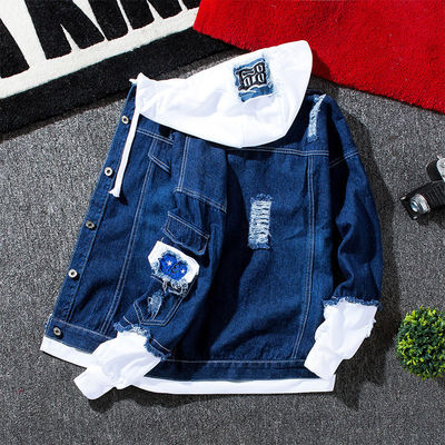 Men's Denim Two-Piece Street Varsity Windbreaker Outfits with Chenille Letter Patches