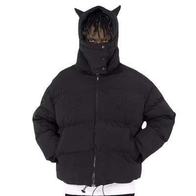 Devil Horn Masked Black Hooded Men's Down Coat Winter Blazer Bomber Jacket Bubble Snow Windbreaker For Men